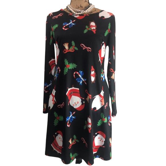 Christmas Dress Side Pockets Long Sleeve Black Background with Fun Holiday Print - Picture 7 of 16